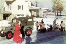 Vintage pics - Willys CJ at Christmas kids winter sled.jpg